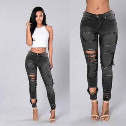 Ripped Holes Patchwork Pure Color Low Waist Slim..