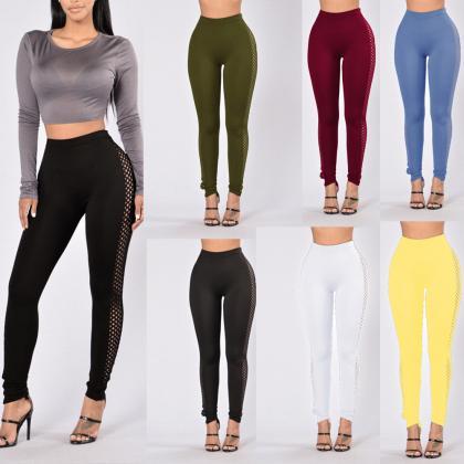 Hollow Out High Waist Pure Color Slim Leggings