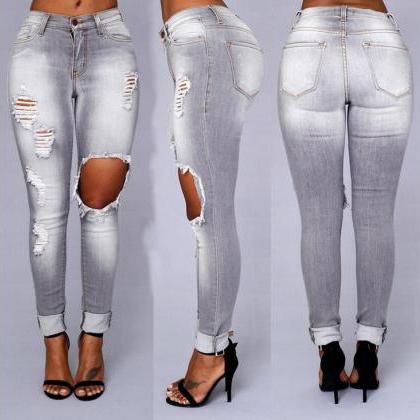 Fashion Low Waist Fading Rips Long Slim Jeans on Luulla