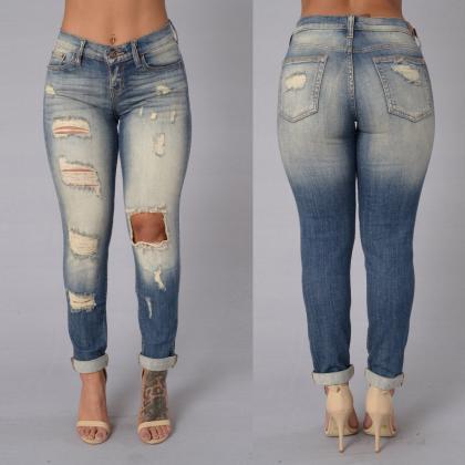 Personality Fading Ripped Holes Low Waist Slim..
