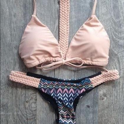 Sexy Hollow Out Lace Up Print Padded Two Pieces..