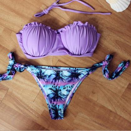 Purple Removable Straps Print Padded Two Pieces..