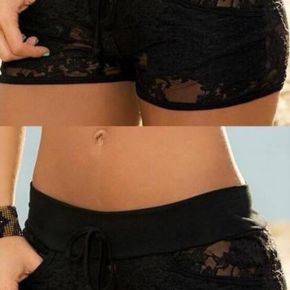 Black Lace Patchwork Draw String Low Waist Shorts