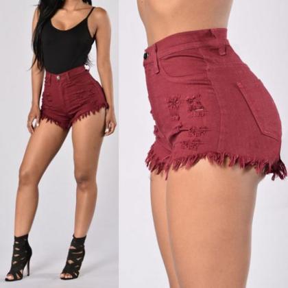 High Waist Pure Color Ripped Slim..