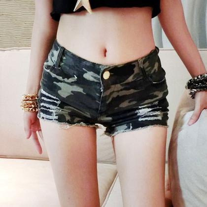 Fashion Camouflage Ripped Low Waist..