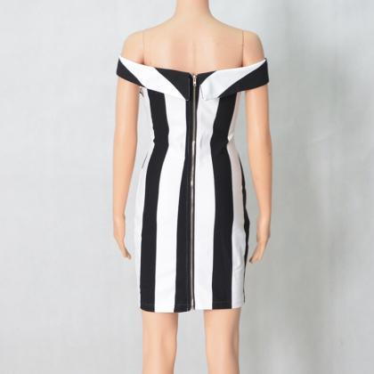 Sexy Black And White Vertical Stripes Off Shoulder..