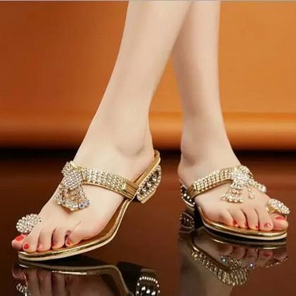 Fashion Sexy Crystal Ring Toe Post Sandals Chunky..
