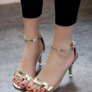 Metallic Open-toe Ankle Strap High Heel Sandals,..