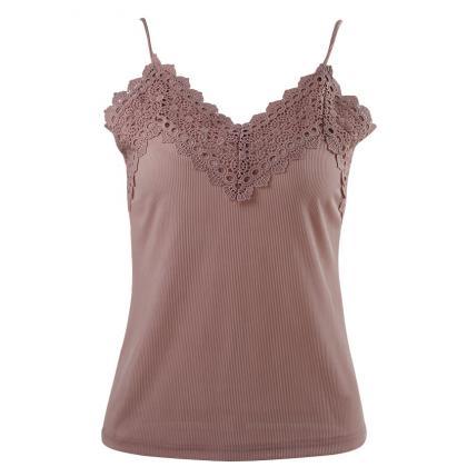 Lace Appliques Plunge V Ribbed Cami..