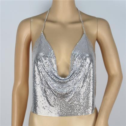 V Collar Sexy Sequins Camisole Loose T-shirt
