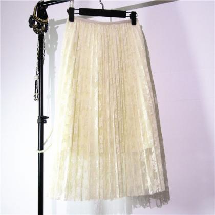 Lace Pleated Medium Style A-line Skirts