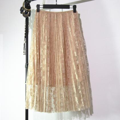 Lace Pleated Medium Style A-line Skirts