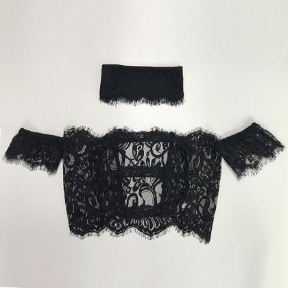 Off Shoulder Midriff With Short Sleeves Lace Crop..
