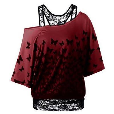 One Shoulder Butterfly Print Lace Patchwork Faux Two Pieces Blouse
