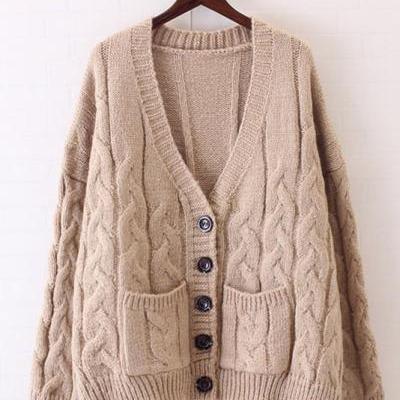 Deep V-neck Buttons Pockets Cable Loose Cardigan