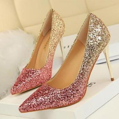 Ombre Glitter Pointed-Toe High Heel Stilettos, Party Heels