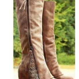 Lace Suede Patchwork Side Zipper Chunky Low Heels Knee Boots