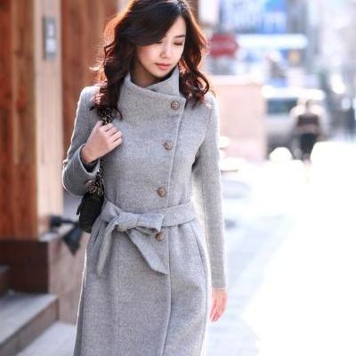 European Style Slim Bowknot Sash Pure Color Worsted Trench Coat Outwear