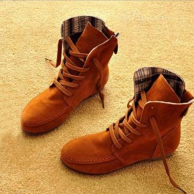 England Round Fringed Flat Boots Concise Comfortable Lace-up Suede High-Top Boots