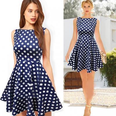 Women's Vintage Polka Dot Boat Neck Sleeveless Cocktail Party Flare Pleated Dress