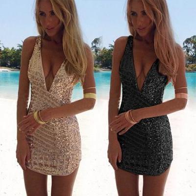 New Women's Sexy Deep V-Neck Backless Sleeveless Sequins Dress Slim Fitting Bodycon Cocktail Party Mini Dresses