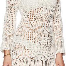 Crocheting Hollow Out Lace Long Sleeve Short Beach Cover Up Dress
