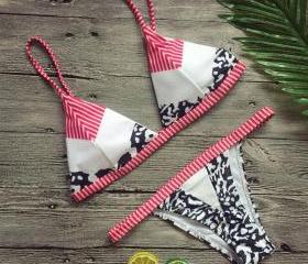 Patchwork Spaghetti Straps Low Waist Two Pieces Bikini Swimwear on Luulla