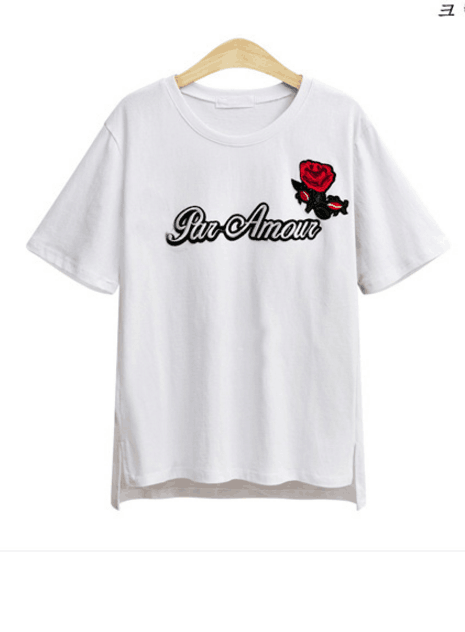 Rose Embroidered And ‘par Amour’ Graphic Tee Featuring Crew Neck