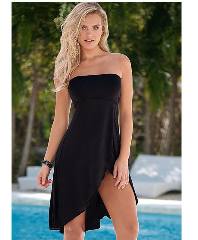 Sexy Back Strapless Pure Color Holiday Beach Dress