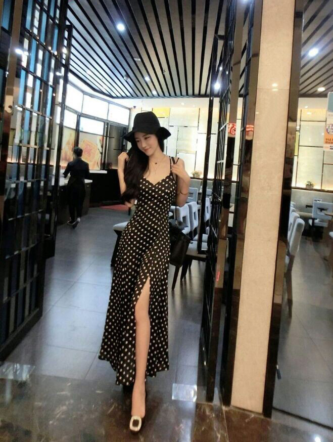 Black With White Polka Dot Strappy Plunge V Chiffon Maxi Dress Featuring Crisscross Back And High Slit