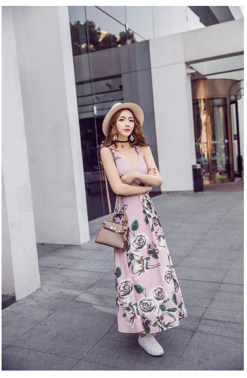 Rose Print Plunge V Shoulder Strap Maxi Dress Featuring Criss-crossed Open Back
