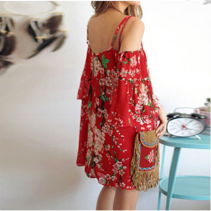 Red Floral Print Chiffon Cold Shoulder Flare-sleeved Short Dress