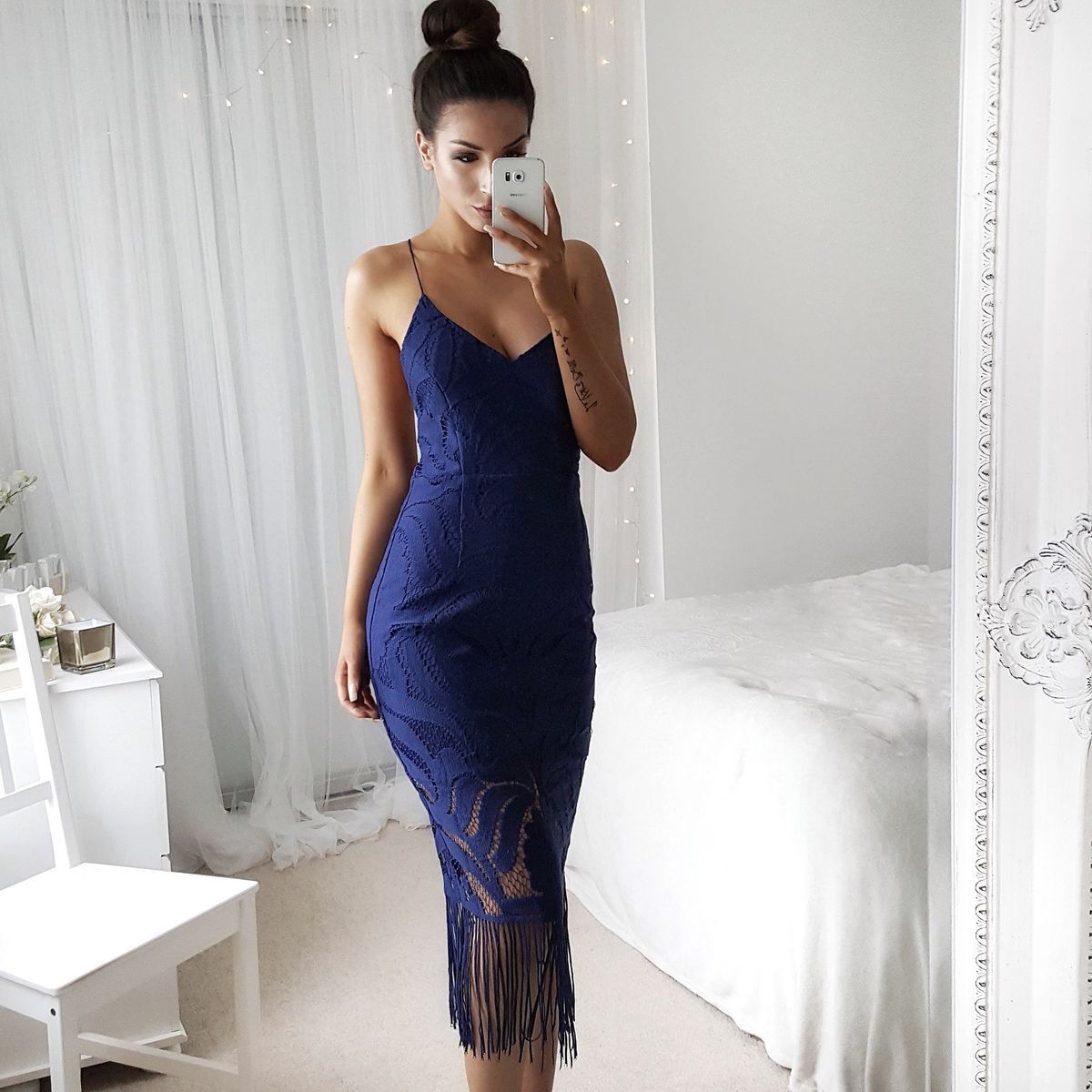 Sexy Pure Color Lace Stitching Behind Bind Belt Tassel Dress