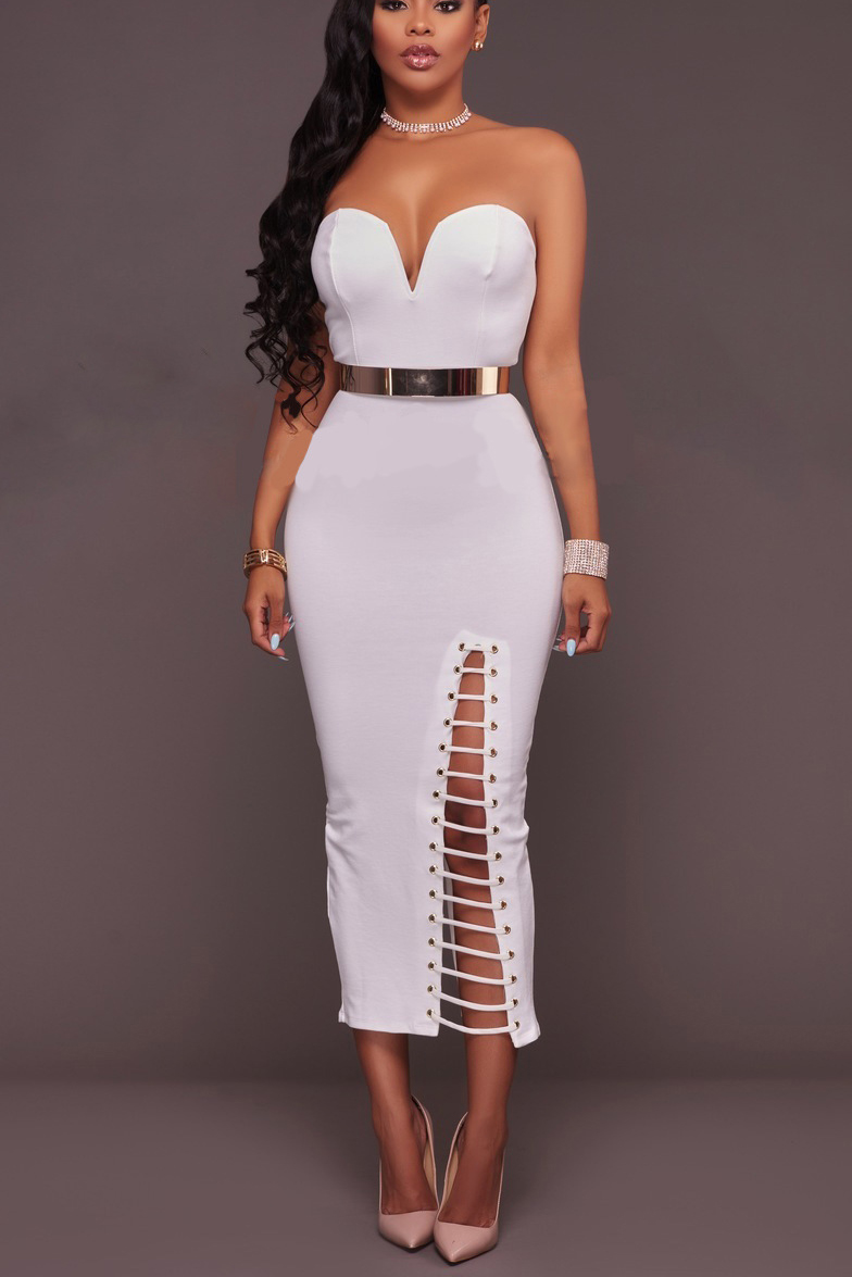 Strapless Bodycon Hollow Out Pure Color Tee-length Dress