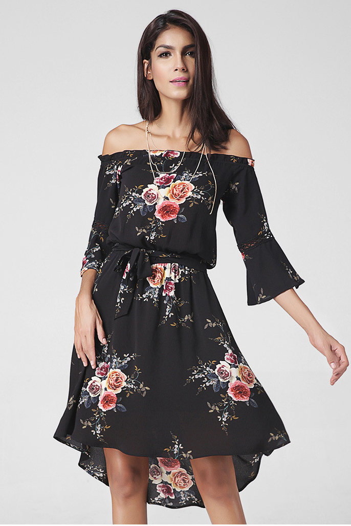 Floral Print Off-The-Shoulder Half Flared Sleeves Knee Length High Low Dress Featuring Tie Waist