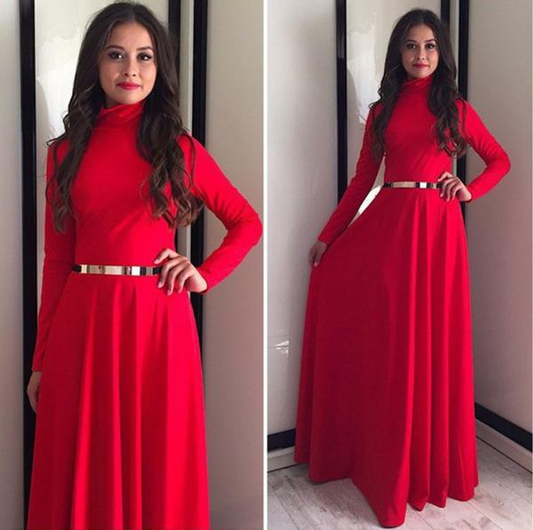 High-neck Solid Long Sleeves Pleated Long Party Dress
