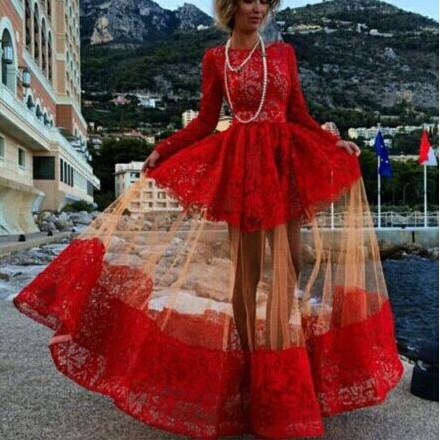 Western-style Fashion Long Sleeves Patchwork Long Lace Dress