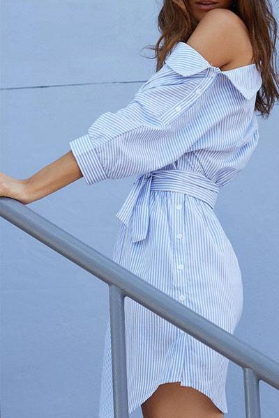 Blue And White Stripe Irregular Off Shoulder Neckline Belted Dress With ...