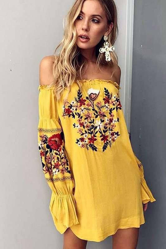 Embroidery Off Shoulder Long Trumpet Sleeves Short Beach Dress