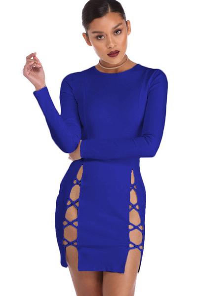 Pure Color Long Sleeves Hollow Out Straps Short Dress