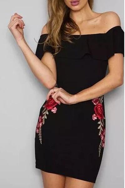 Off Shoulder Ruffles Embroidery Short Bodycon Dress