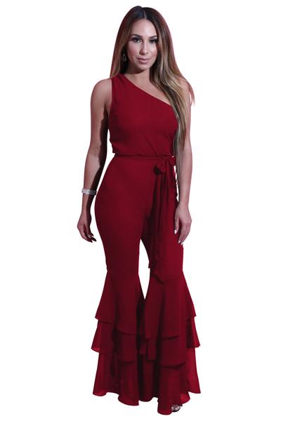 Pure Candy Color One Shoulder Flared Ruffles Long Jumpsuit