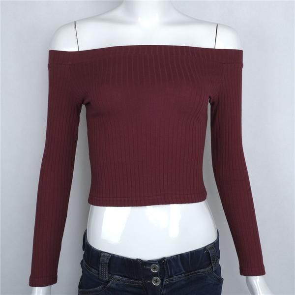 Ribbed Knit Off-the-shoulder Long Sleeved Cropped Top