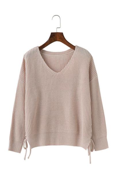 Knitted Lace-up Side Plunge V Long Cuffed Sleeves Sweater