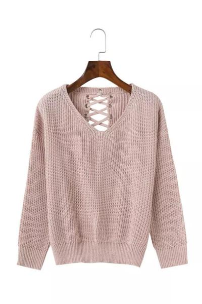 Lace-up Back Knitted Plunge V Long Cuffed Sleeves Sweater