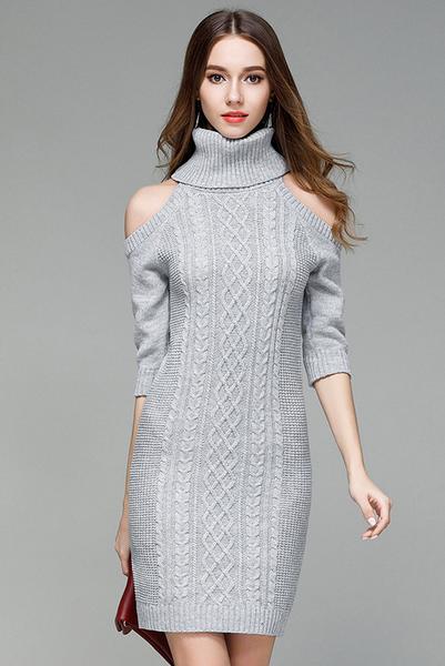 Turtleneck Cold Shoulder Half Sleeved Cable Knit Short Sweater Dress