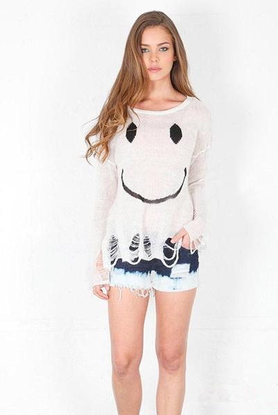 Scoop Smil Face Print Long Sleeves Regular Sweater