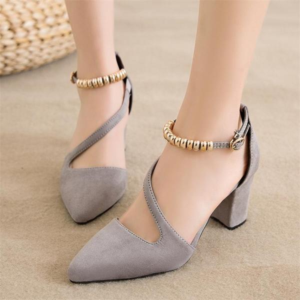Suede Pointed-toe Low Chunky Heels With Asymmetrical Beaded Ankle Strap ...