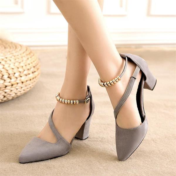 Suede Pointed-toe Low Chunky Heels With Asymmetrical Beaded Ankle Strap ...