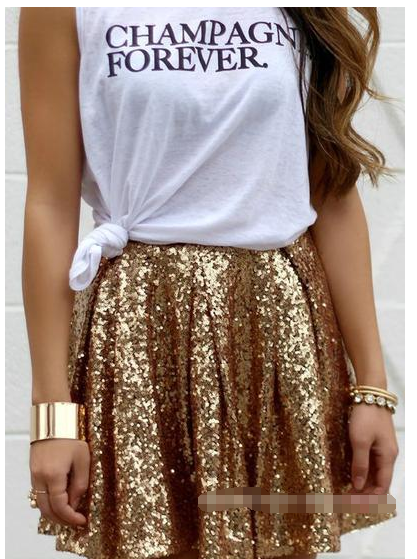 Gold Sequinned High Rise Pleated Short A-line Skirt